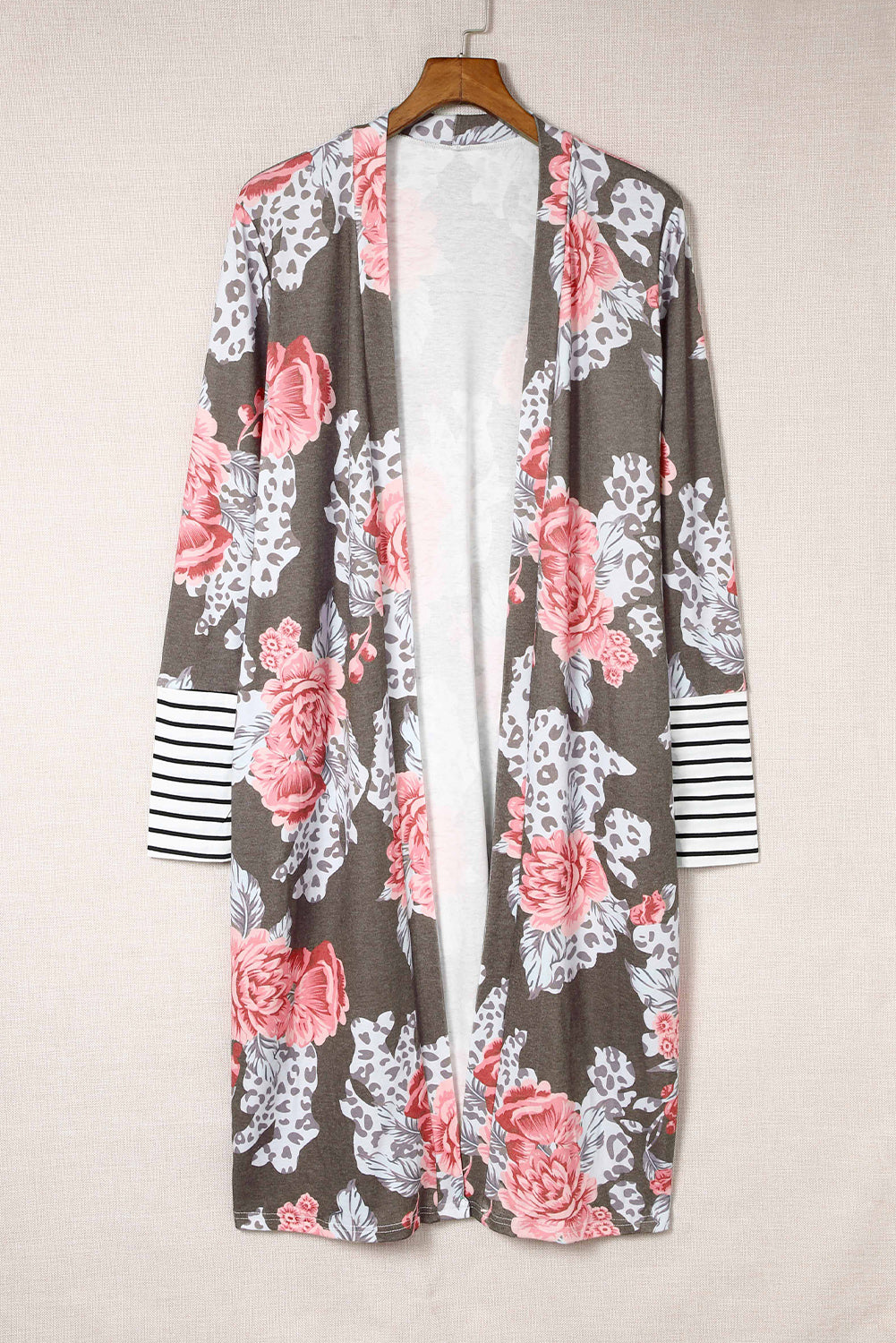 Brown Floral Print Casual Striped Cuffs Long Cover Up