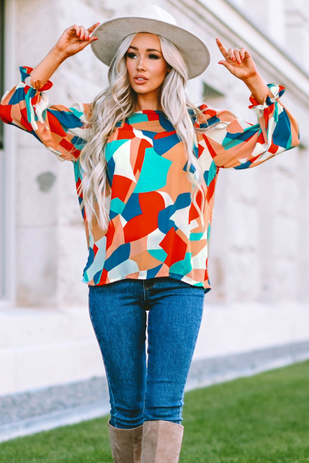 Multicolor Colorblock Casual Ruffle Puff Sleeve Blouse