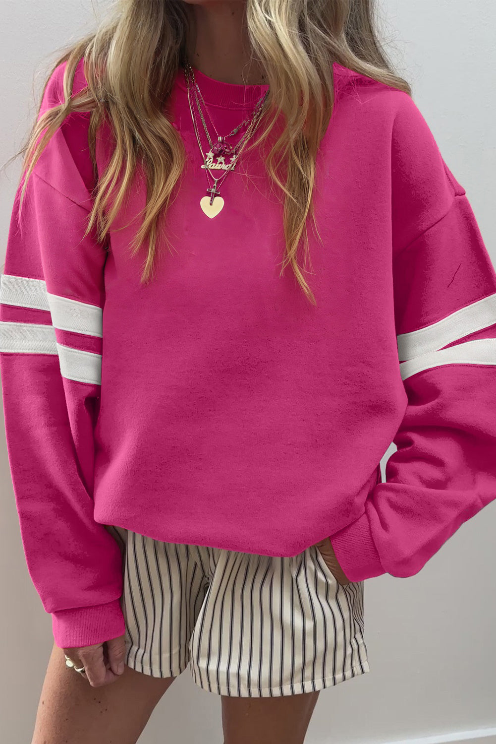 Fiery Red Preppy Striped Sleeve Loose Sweatshirt