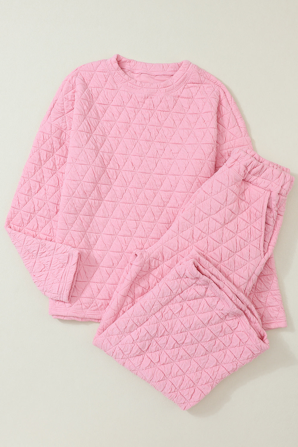 Pink Solid Color Quilted Long Sleeve Top and Pockets Pants Set