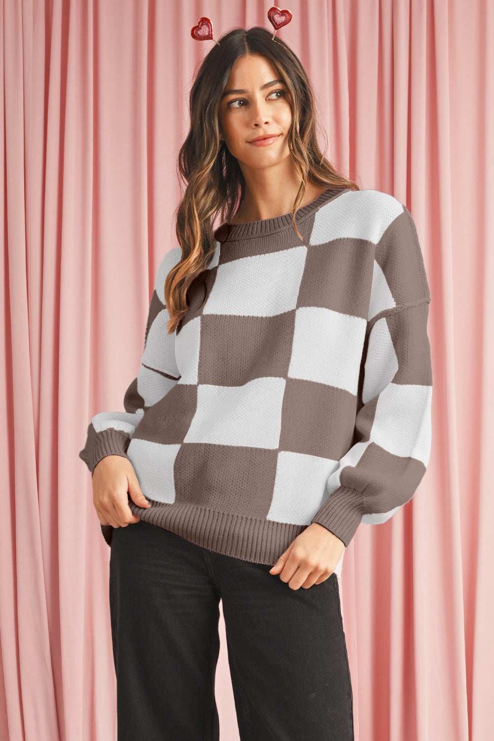 Dark Brown Plaid Bishop Sleeve Pullover Sweater