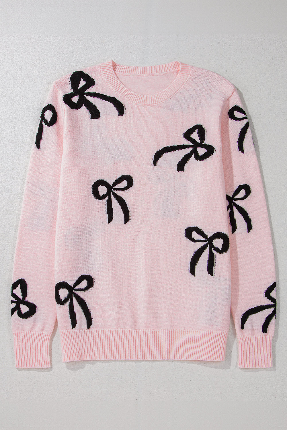 Light Pink Bow Print Long Sleeve Loose Fit Sweater