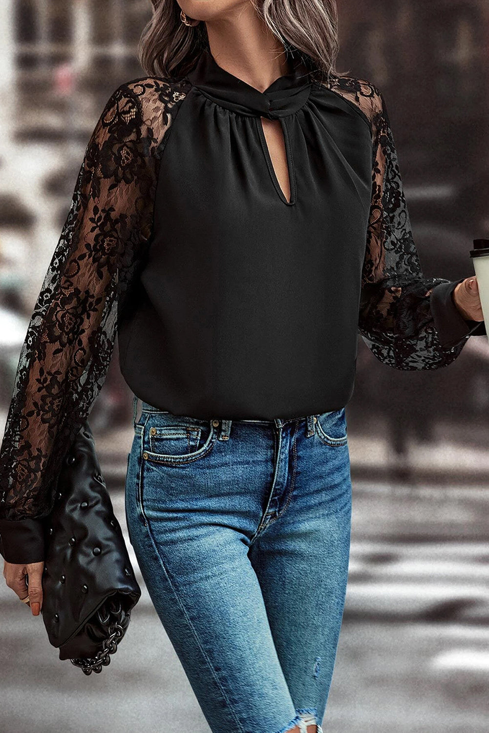 Black Keyhole Neckline Lace Splicing Raglan Sleeve Blouse - Kustom Kreations Goods