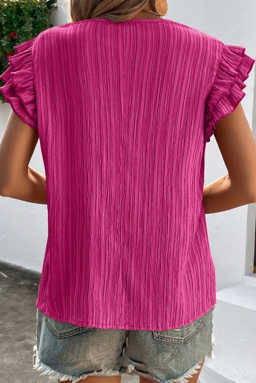 Rose Red Textured Tie Neck Ruffle Sleeve Blouse