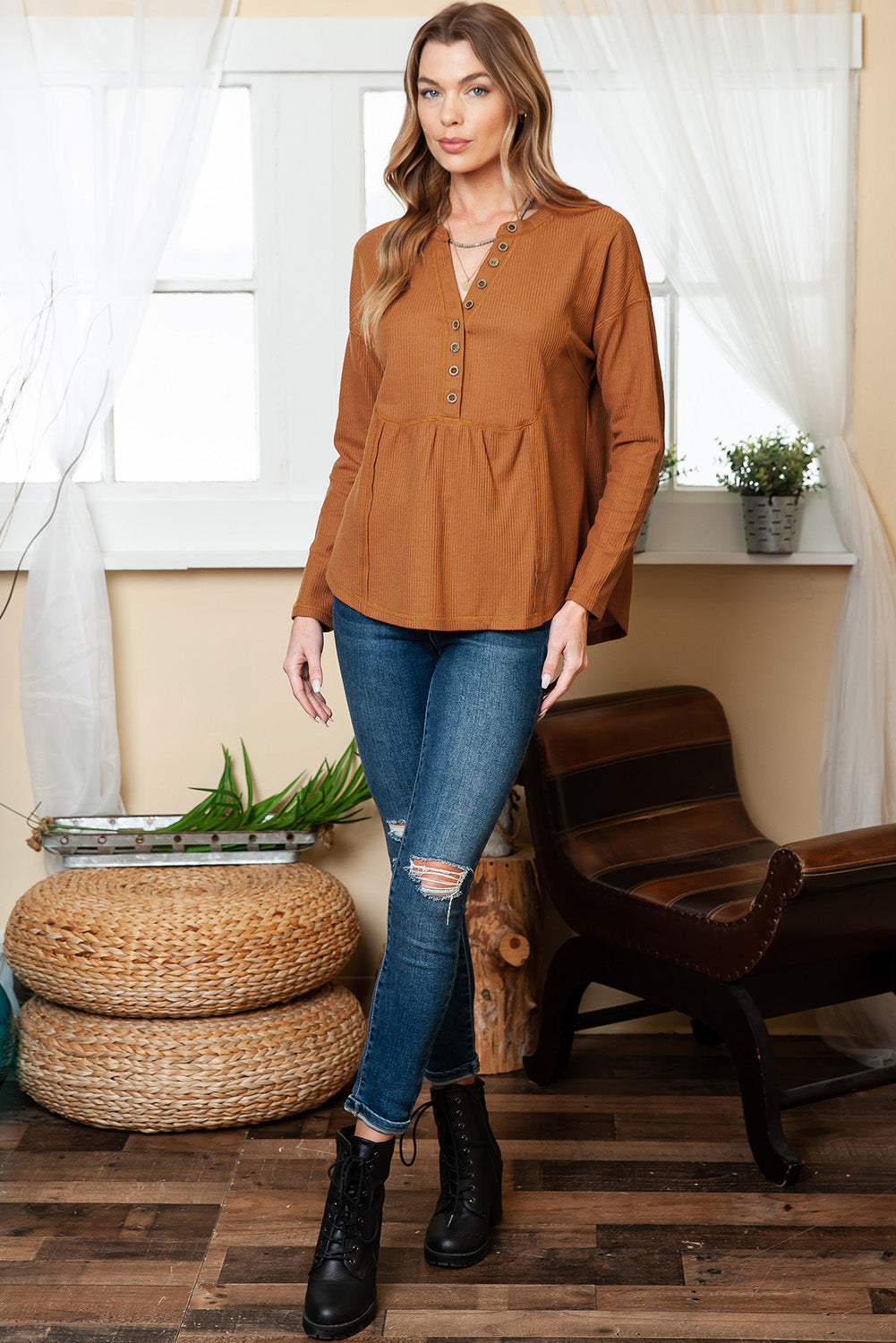 Brown Waffle Knit Casual Button Henley Top