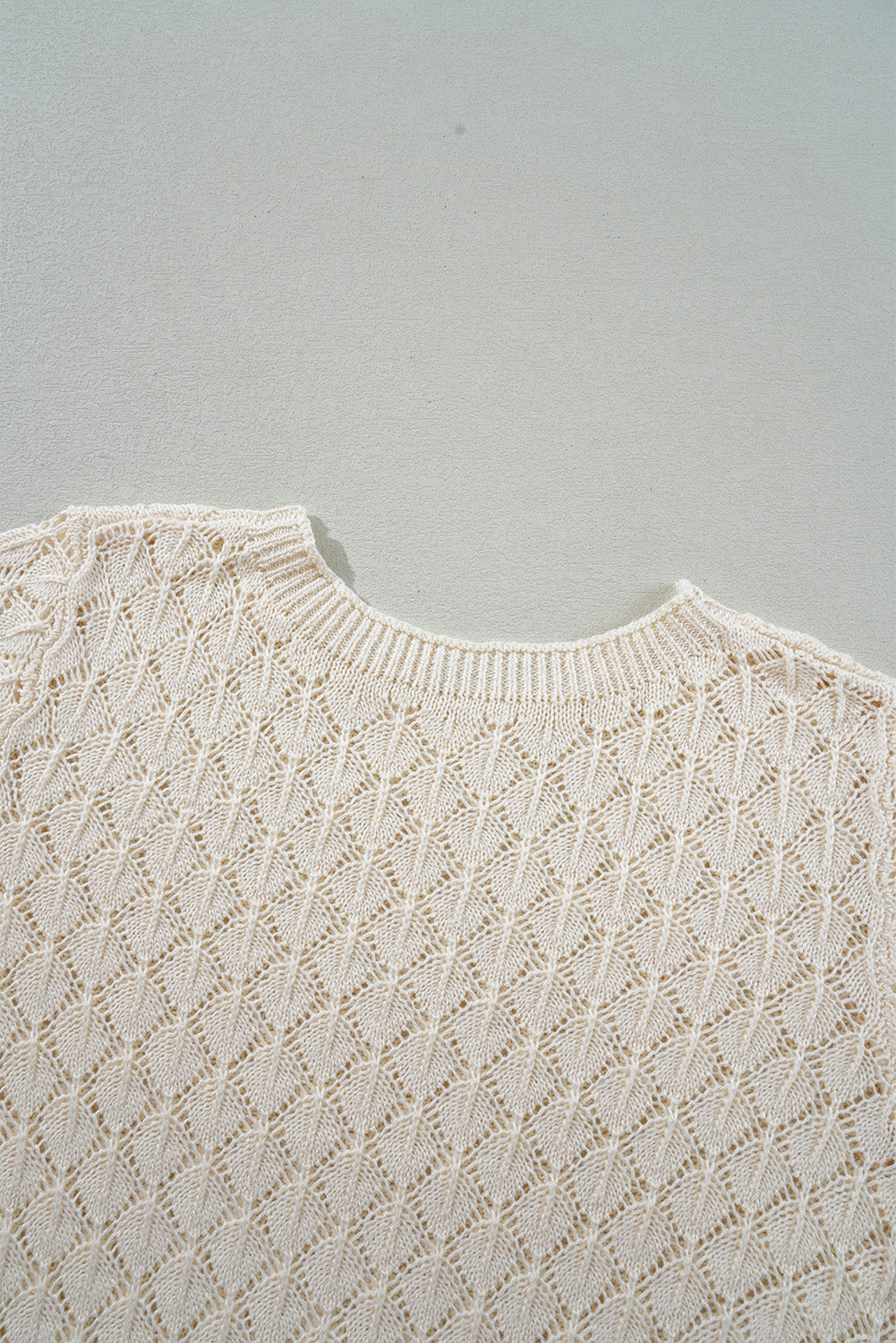 Beige Hollow Out Crochet Short Sleeve Knit Tee