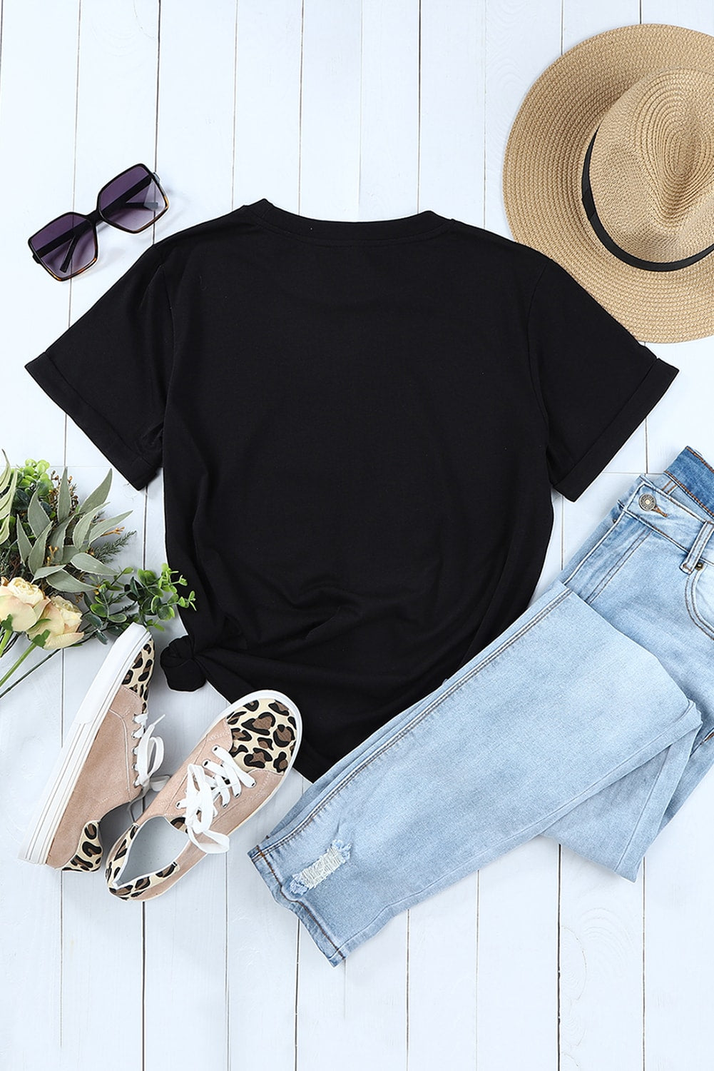 Green Plain Solid Color Crew Neck Tee