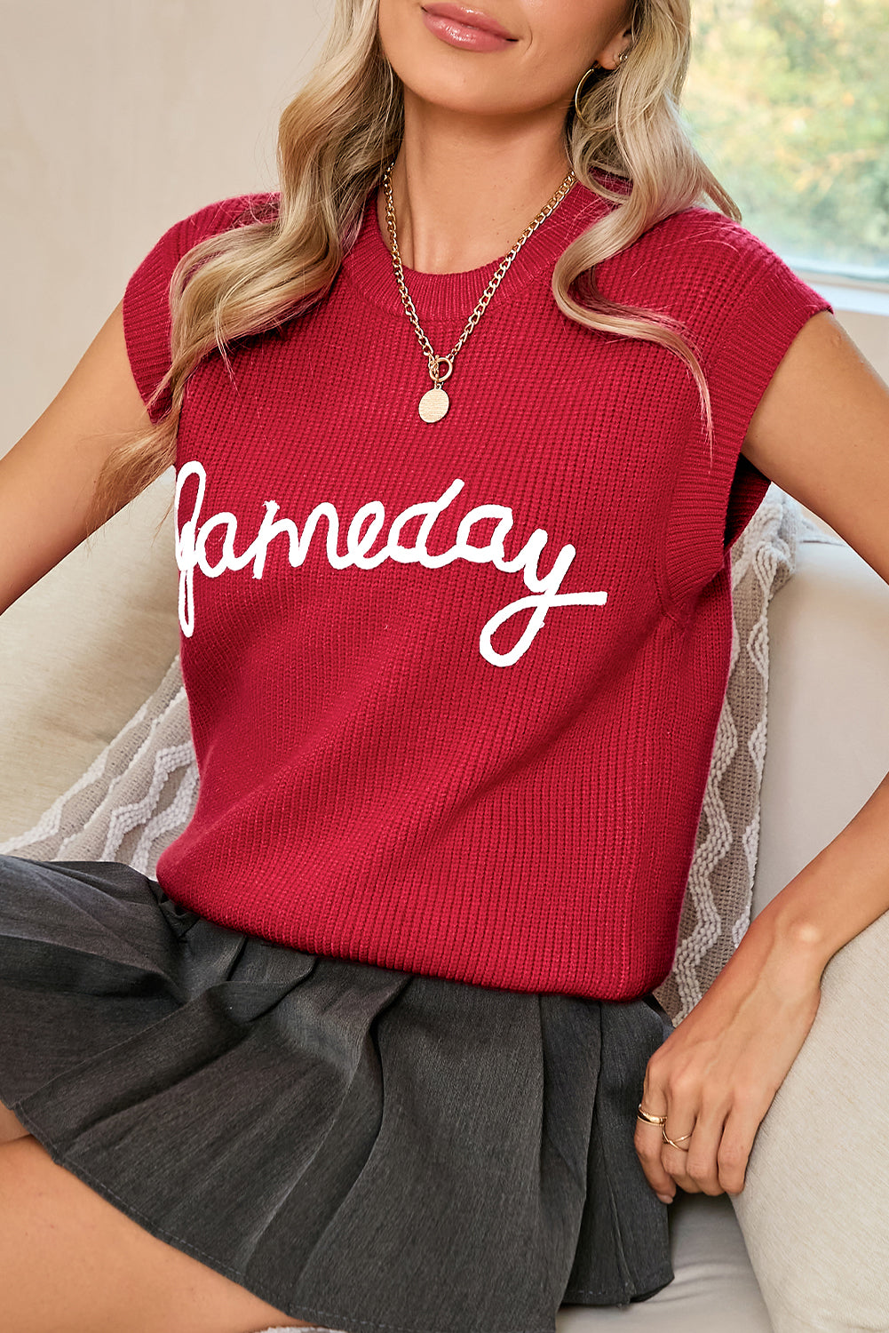 Racing Red Game Day Letter Pattern Knitted Sweater