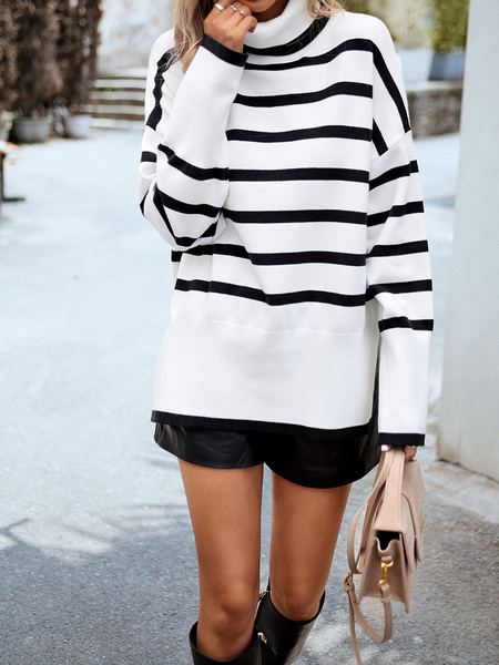 Striped Turtleneck Side-slit Sweater HWWX6BVRYU