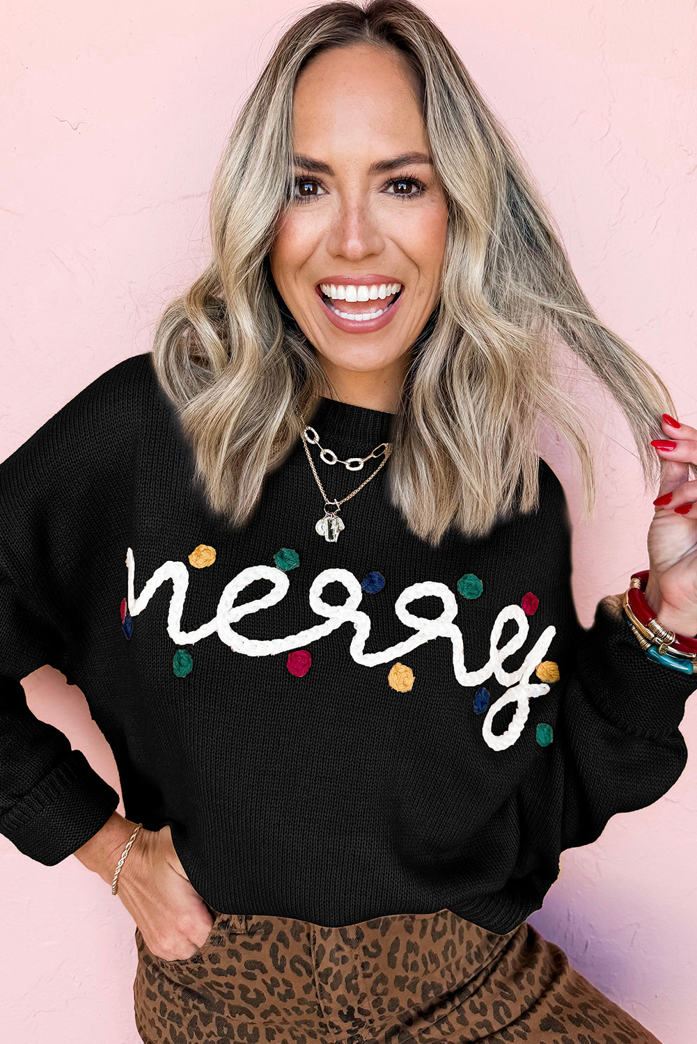 Black Merry Colorful Dot Detail Christmas Dolman Sweater - Kustom Kreations Goods