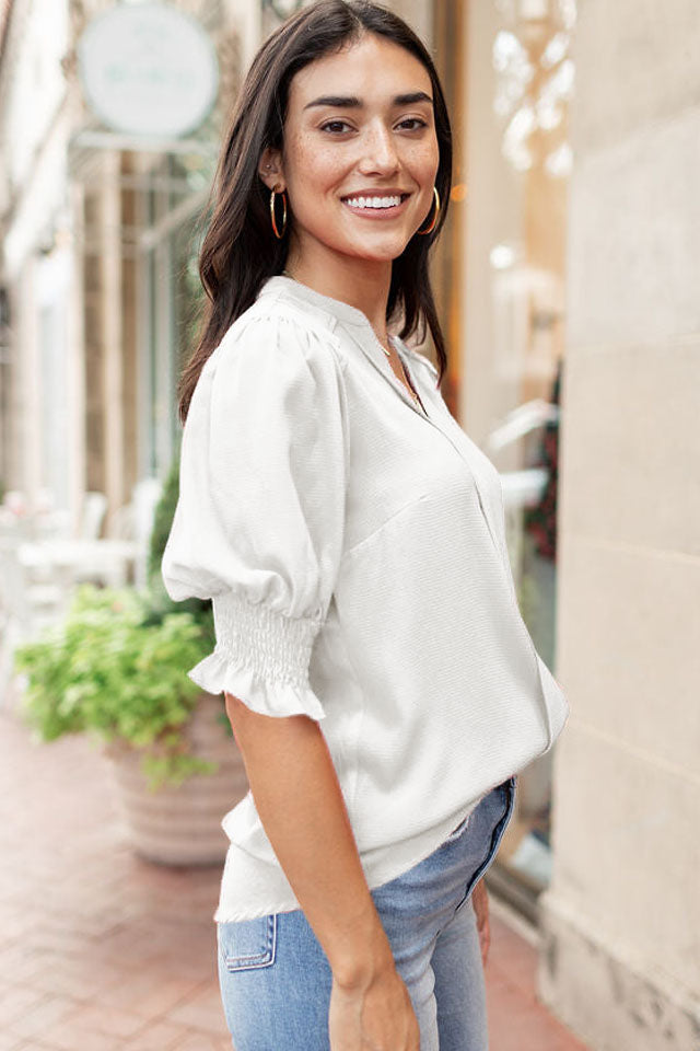 Apricot Solid Puffed Sleeve Shirred V Neck Blouse