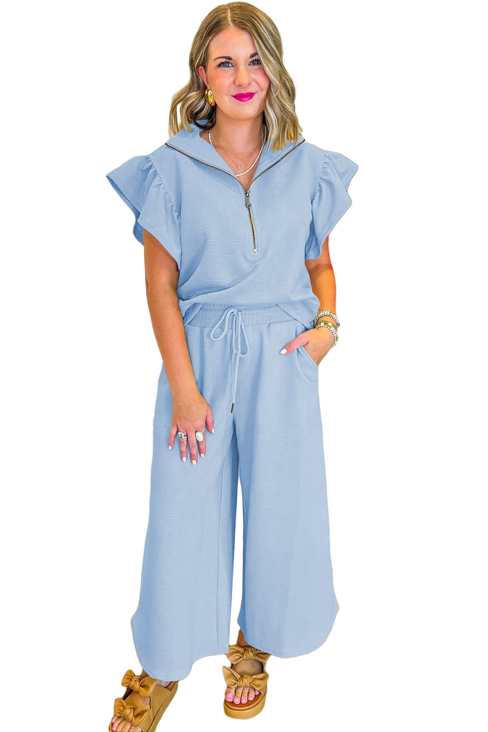 Black Textured Ruffle Sleeve Zipped Top and Wide Leg Pants Set - Kustom Kreations Goods