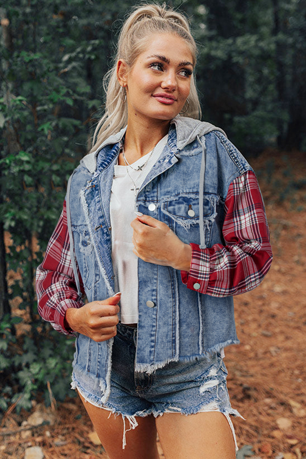 Beau Blue Plaid Print Patchwork Hooded Raw Hem Denim Jacket - Kustom Kreations Goods