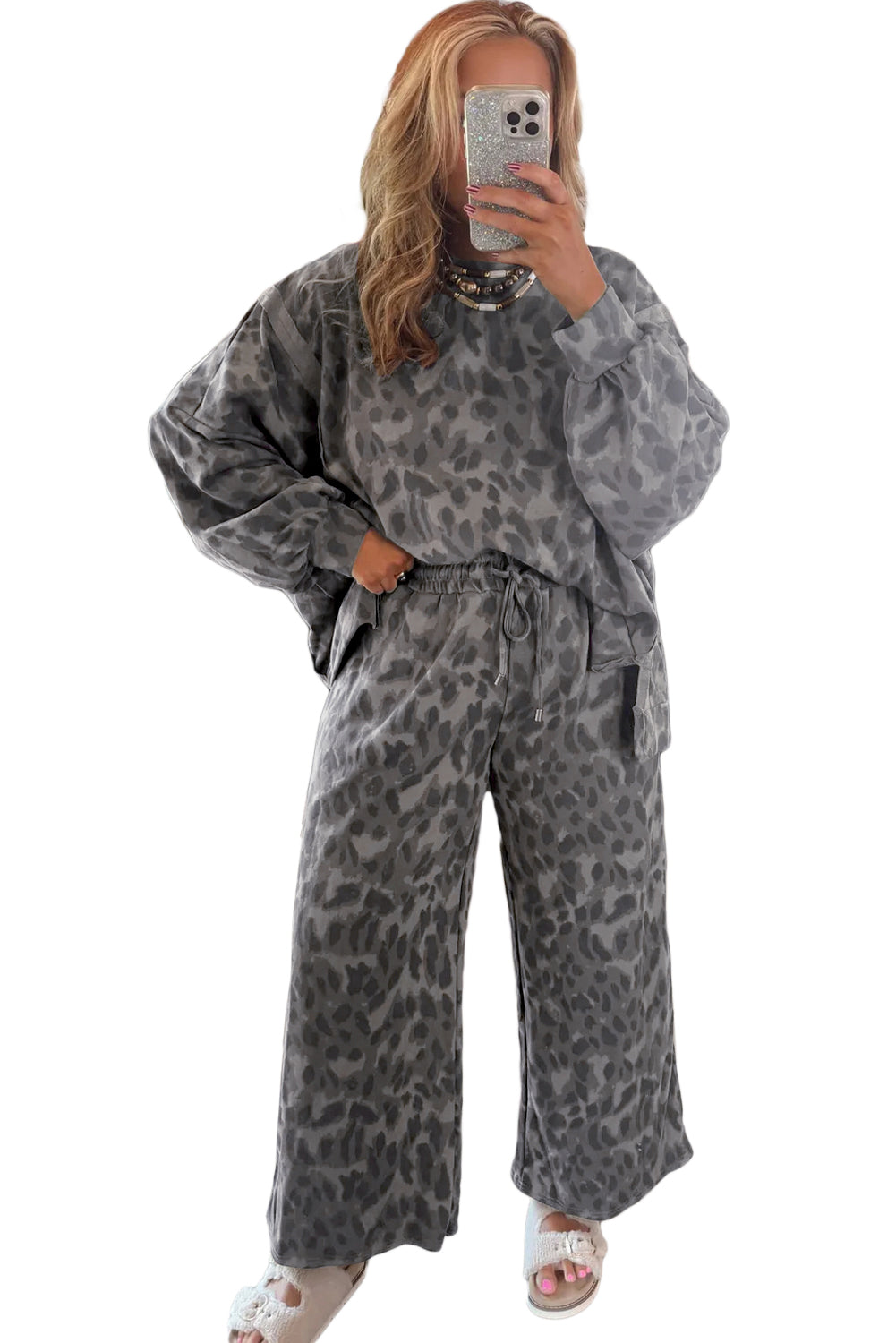 Brown Allover Leopard Print Pullover Drawstring Loose Pants Set