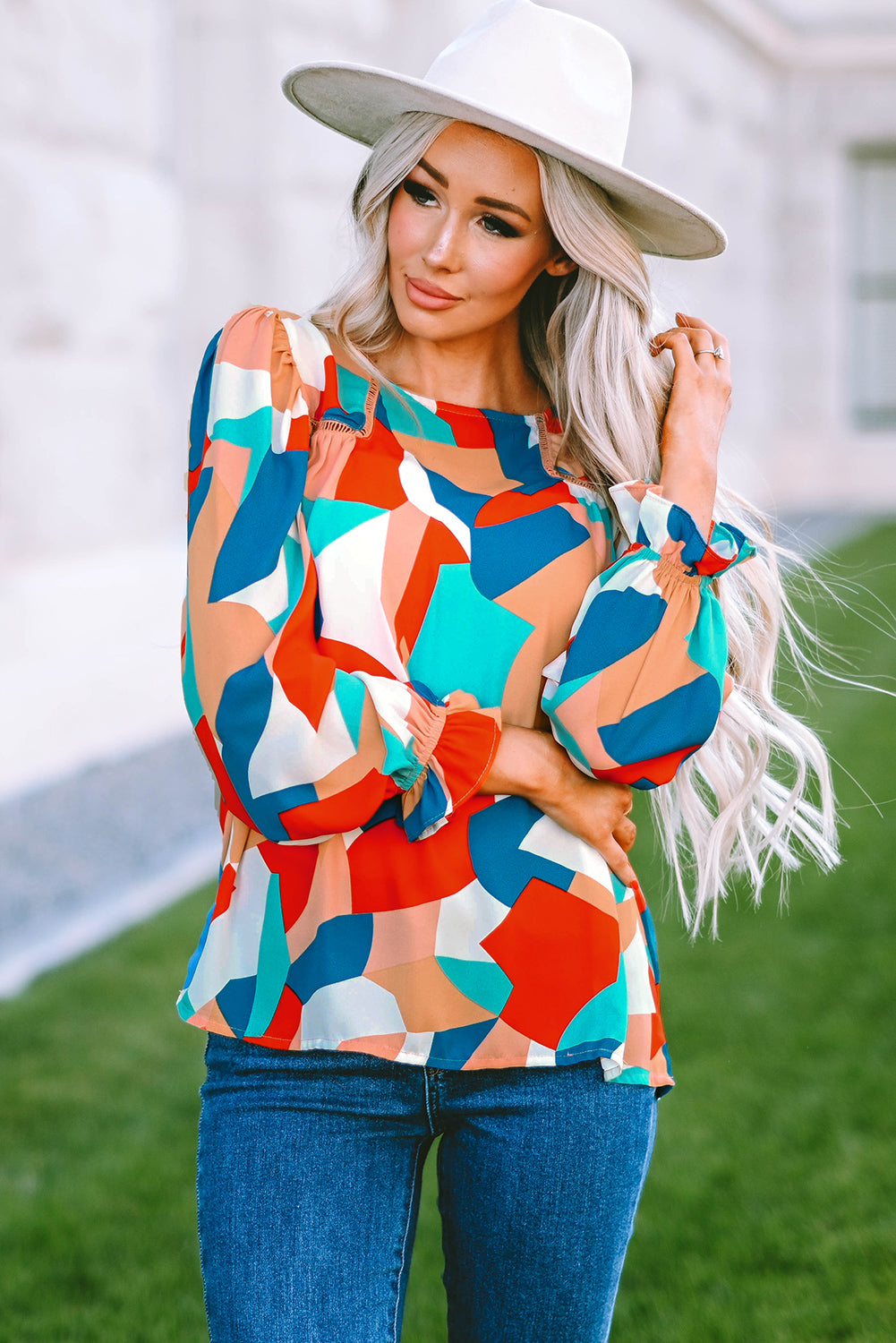 Multicolor Colorblock Casual Ruffle Puff Sleeve Blouse