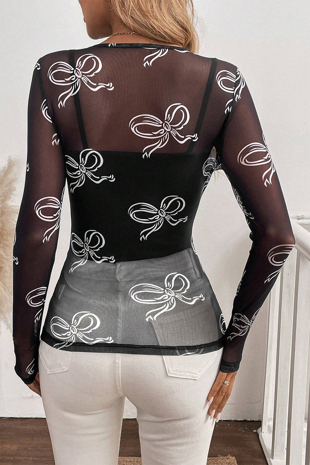 Black Bow Print Long Sleeve Mesh Top - Kustom Kreations Goods