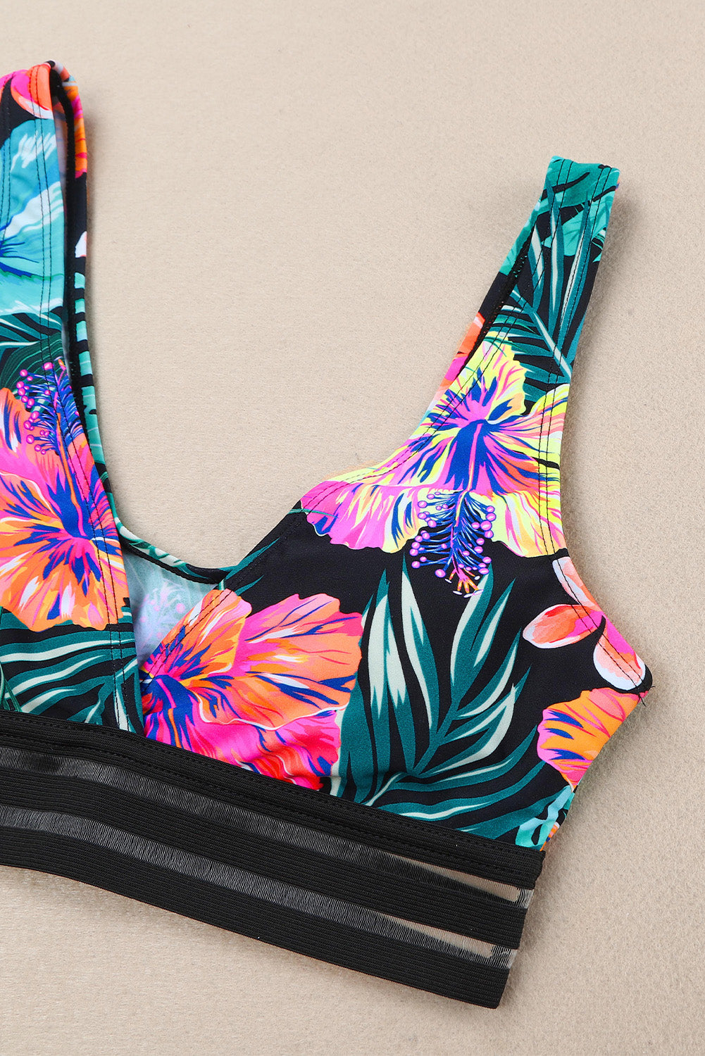Green Tropical Floral Print Mesh Splicing Trim Bikini Swimsuit