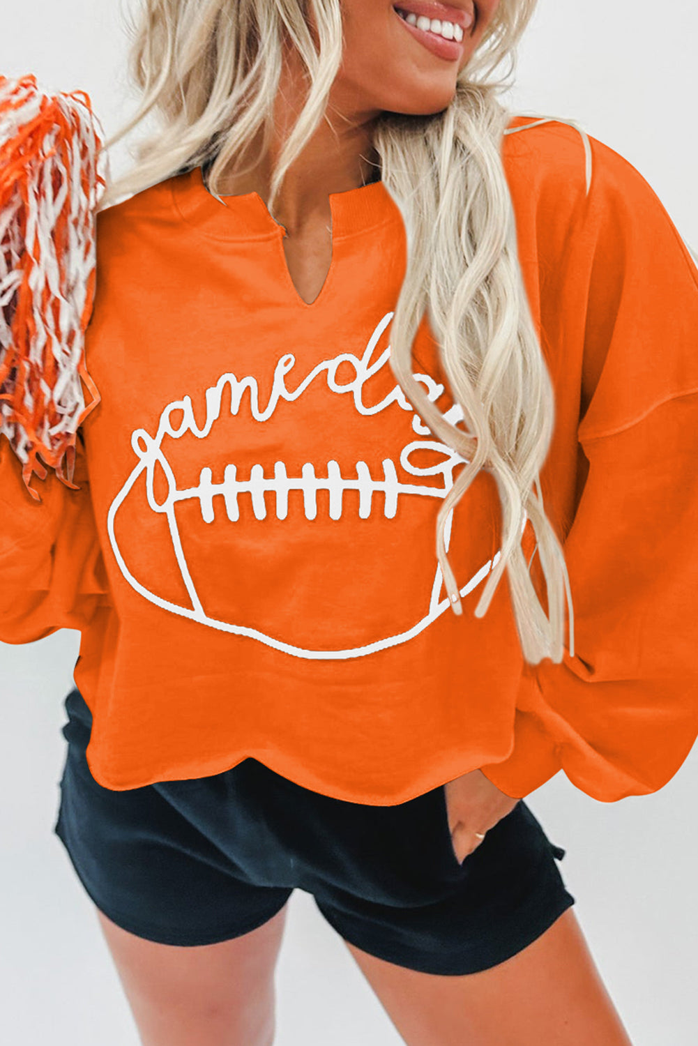Bright White Game Day Lettering Rugby Notched Neck Cropped Sweatshirt