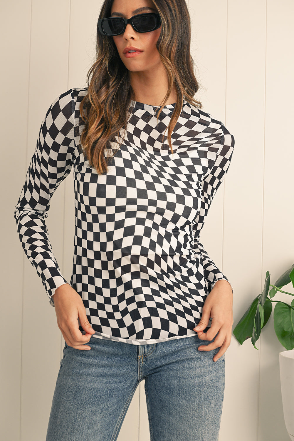 Black Checkered Pattern Mesh Long Sleeve Top - Kustom Kreations Goods