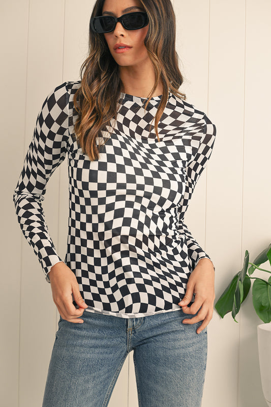 Black Checkered Pattern Mesh Long Sleeve Top - Kustom Kreations Goods