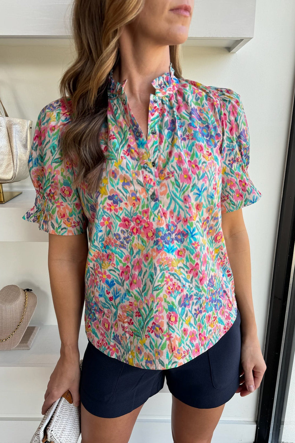 Pink Blooming Print Button Frill Neck Puff Sleeve Blouse