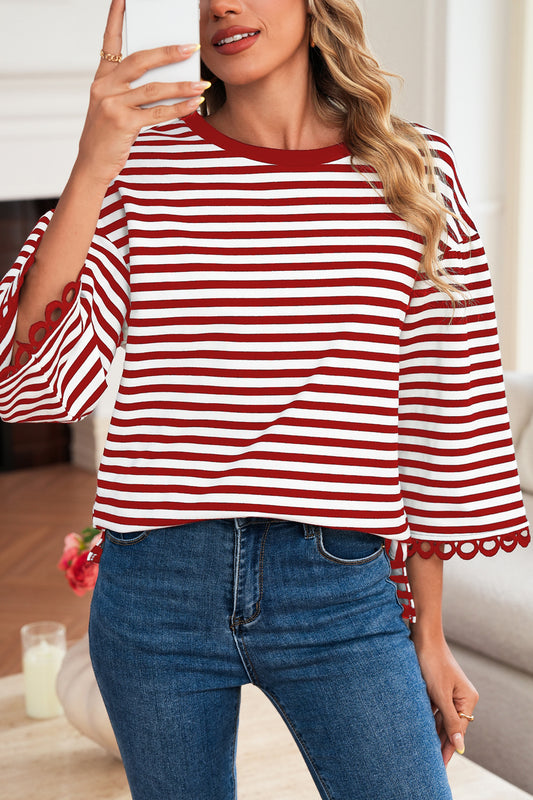 Racing Red Striped Round Neck Contrast Trim Bell Sleeve Top