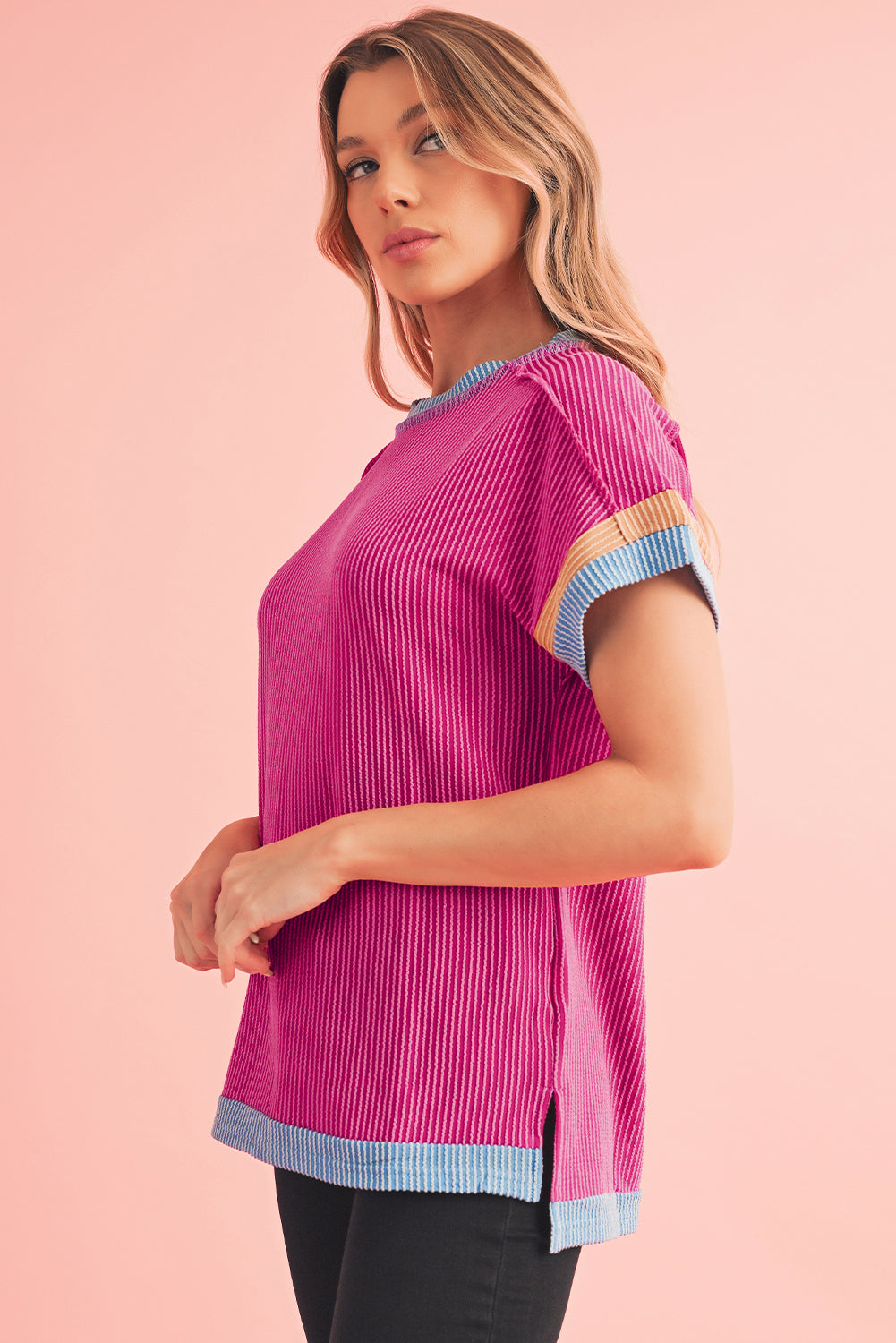Light Pink Textured Colorblock Round Neck T Shirt