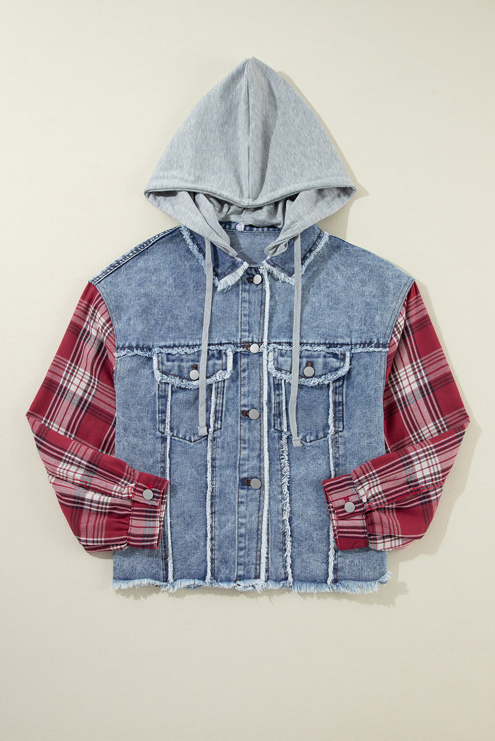 Beau Blue Plaid Print Patchwork Hooded Raw Hem Denim Jacket - Kustom Kreations Goods