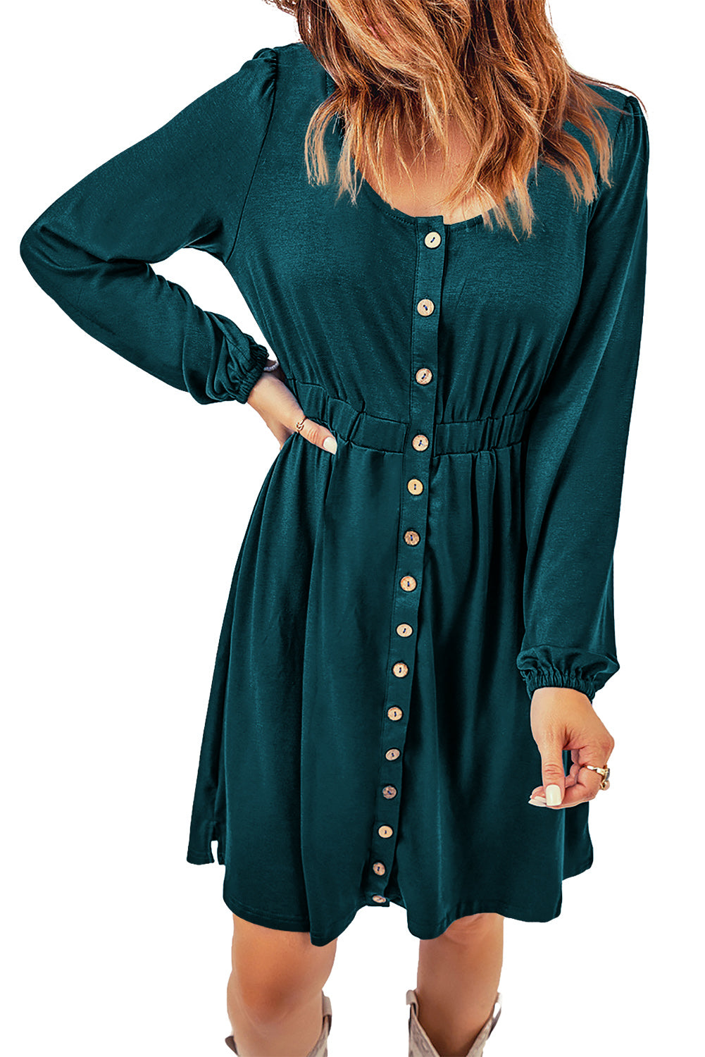 Green Button Up Casual High Waist Long Sleeve Dress