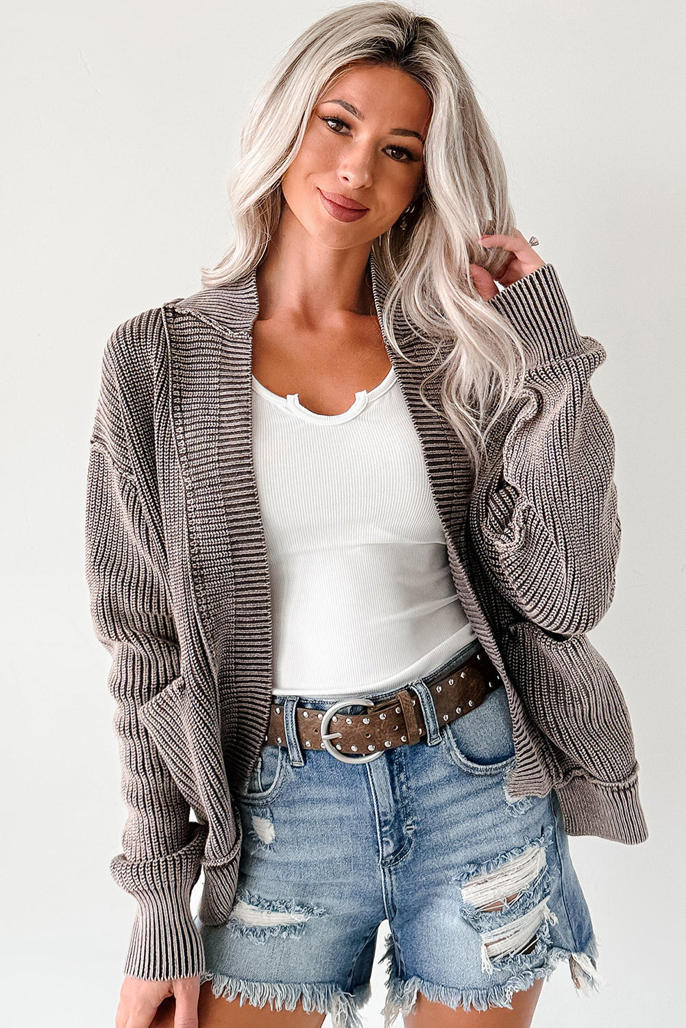 Dark Brown Mineral Wash Exposed Seam Patchwork Knit Cardigan