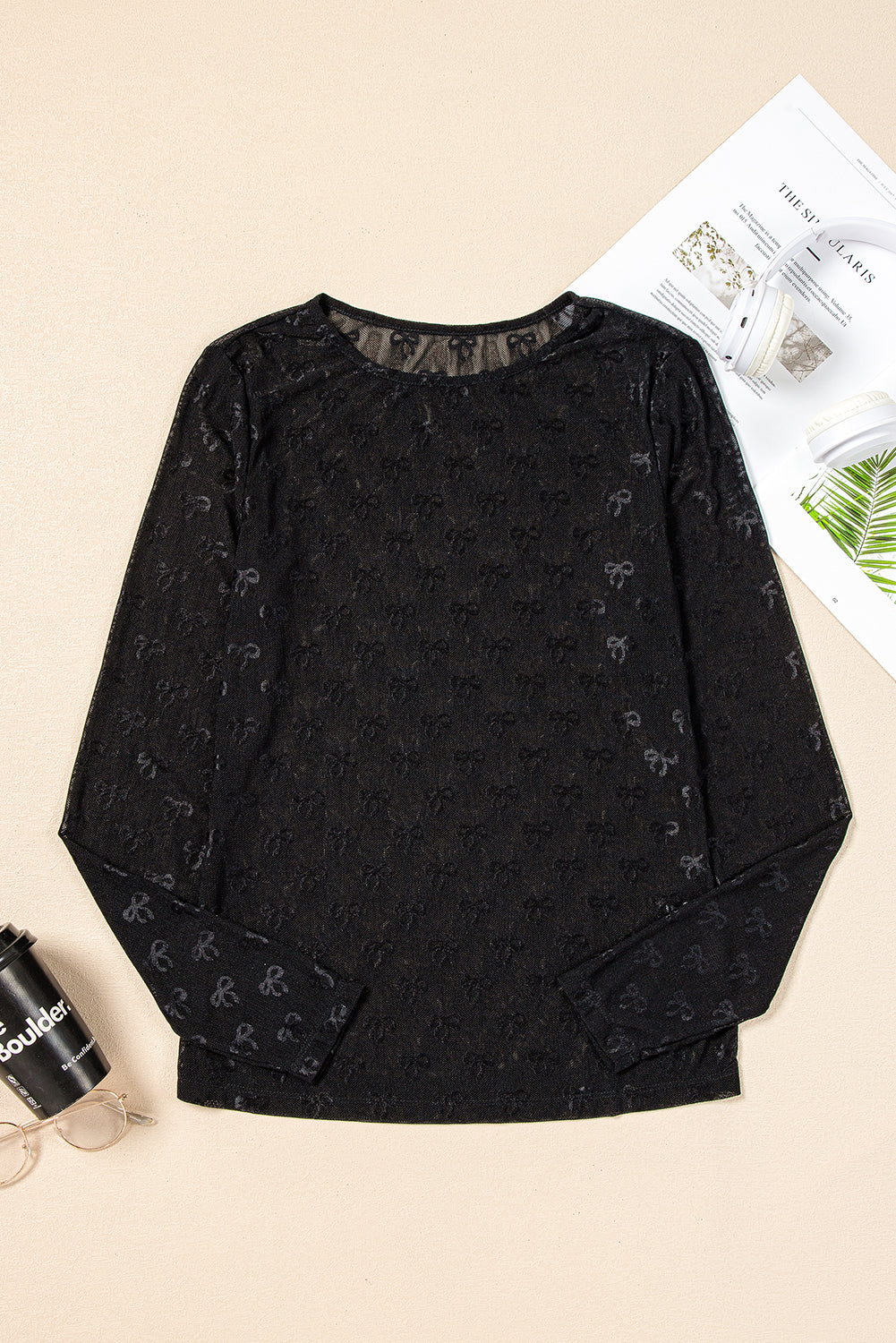 Black Bow Pattern Long Sleeve Slim Fit Mesh Top - Kustom Kreations Goods