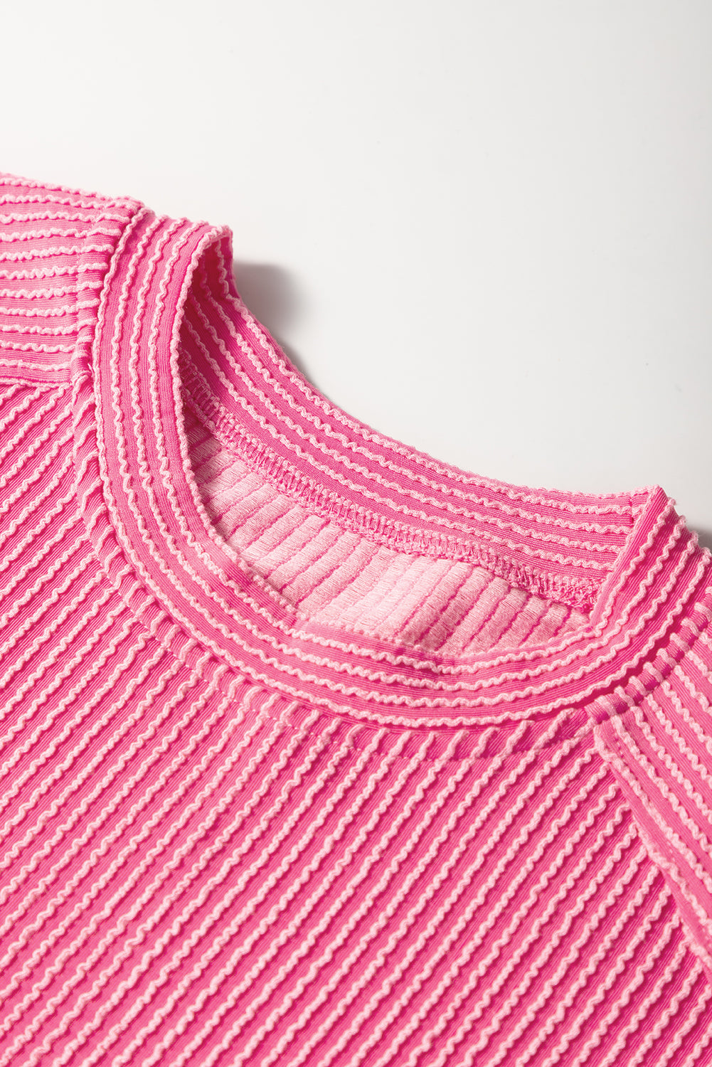 Bright Pink Solid Corded Short Sleeve T Shirt and Wide Leg Pants Set