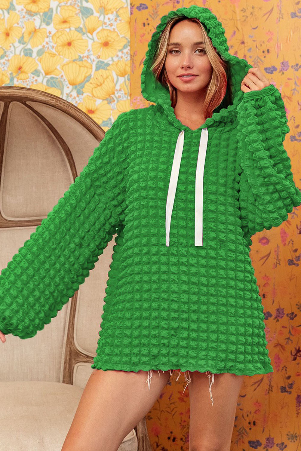 Green Waffle Textured Drawstring Pullover Hoodie