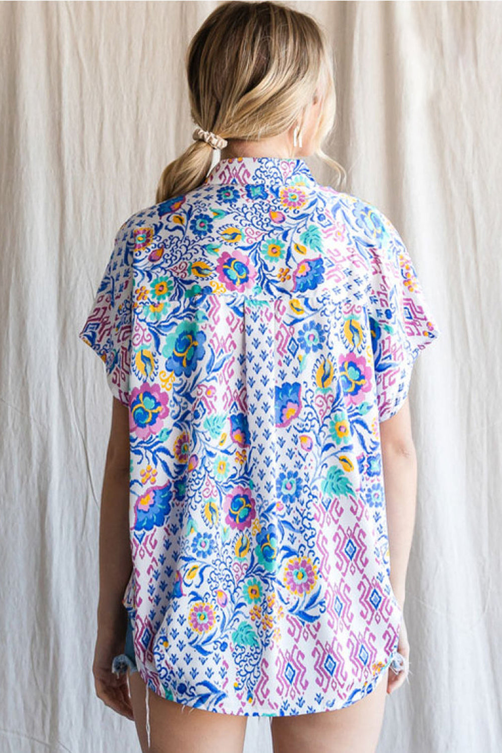 Light Blue Mixed Floral Print Collared Dolman Blouse