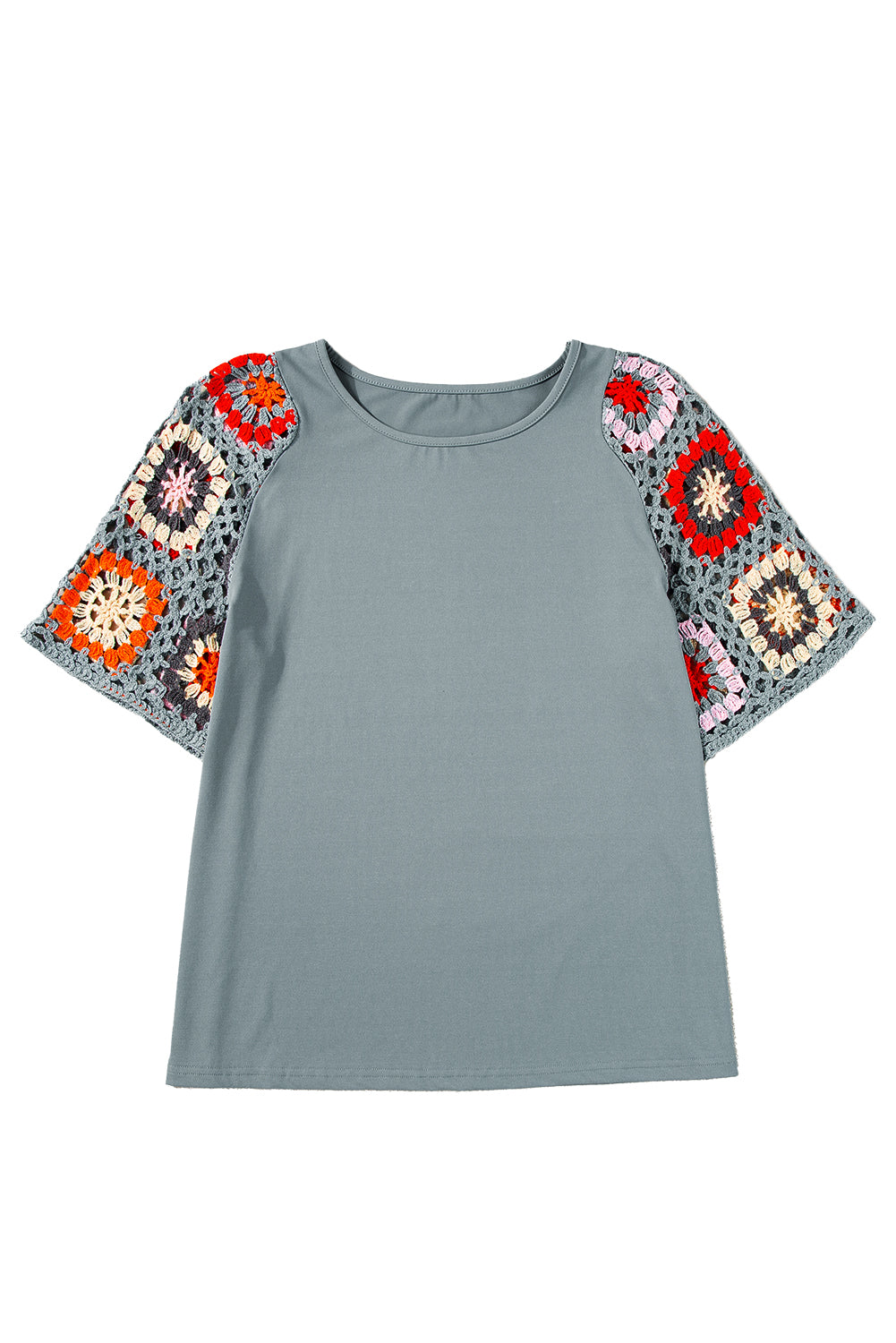 Medium Grey Floral Crochet Short Sleeve Top
