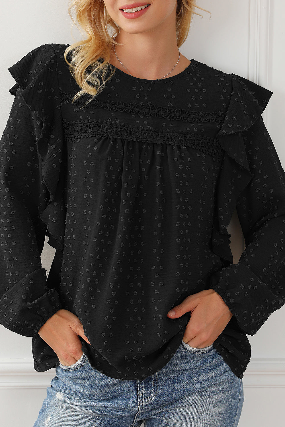 Black Swiss Dot Ruffle Shoulder Long Sleeve Blouse