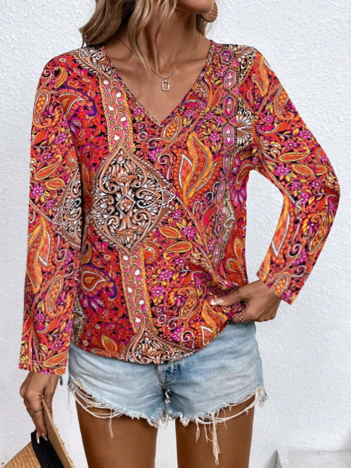 Printed V-Neck Long Sleeve Blouse