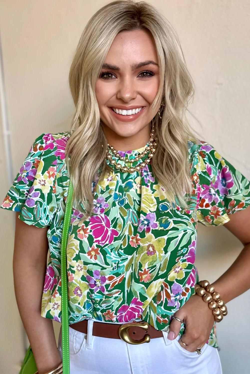 Dark Green Frill Neck Flounce Sleeve Floral Blouse