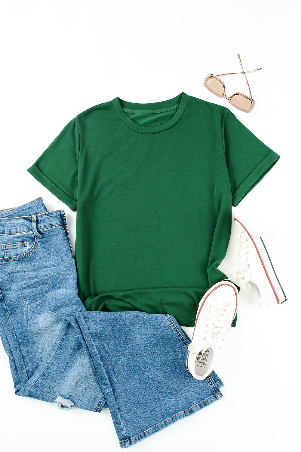 Green Plain Solid Color Crew Neck Tee