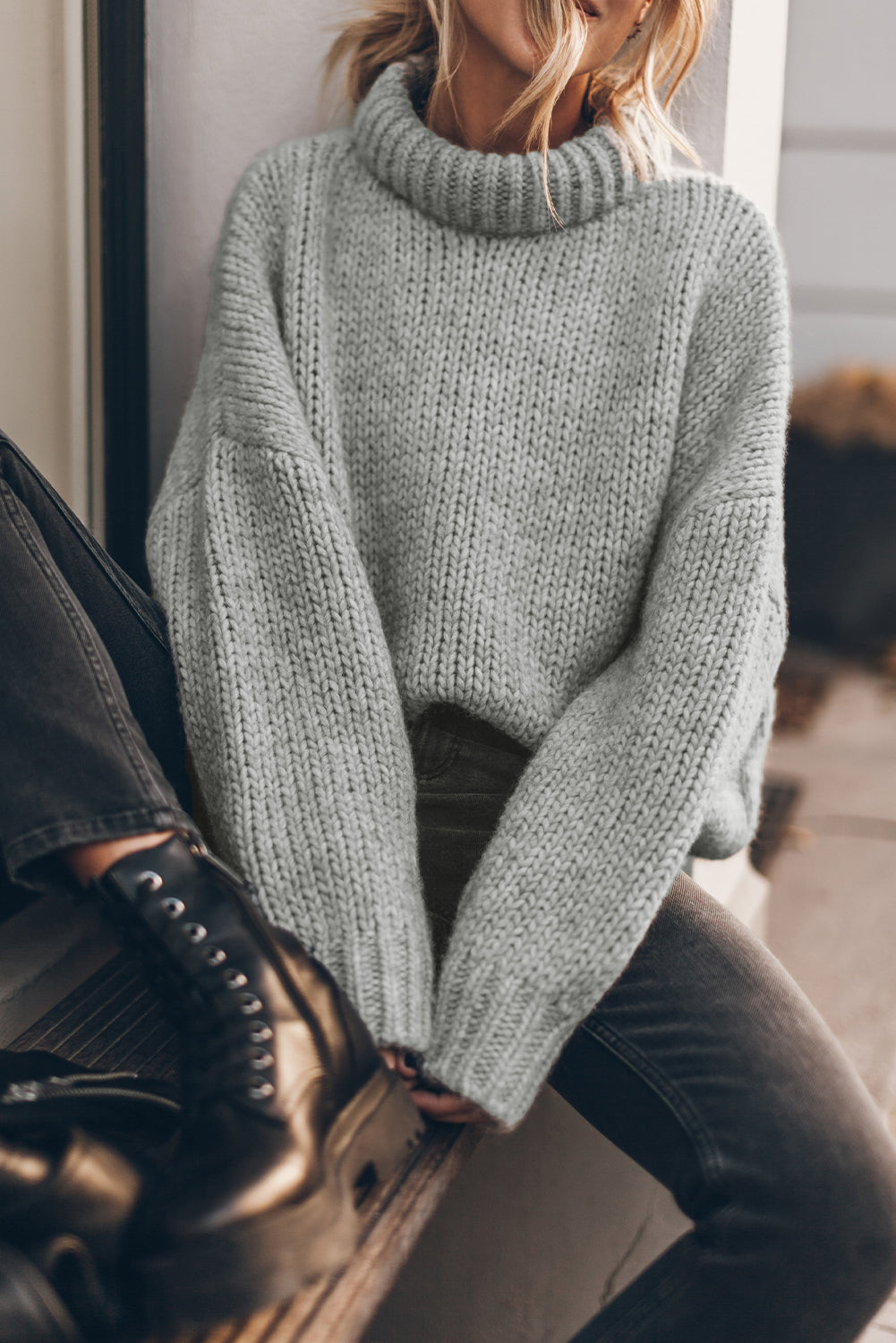 Rose Red Chunky Knit Turtle Neck Drop Shoulder Sweater
