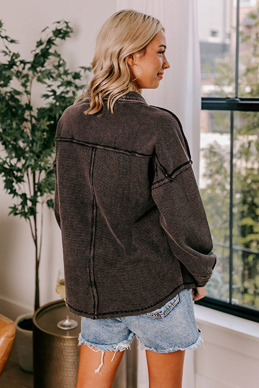 Laurel Green Waffle Exposed Seam Washed Henley Sweatshirt