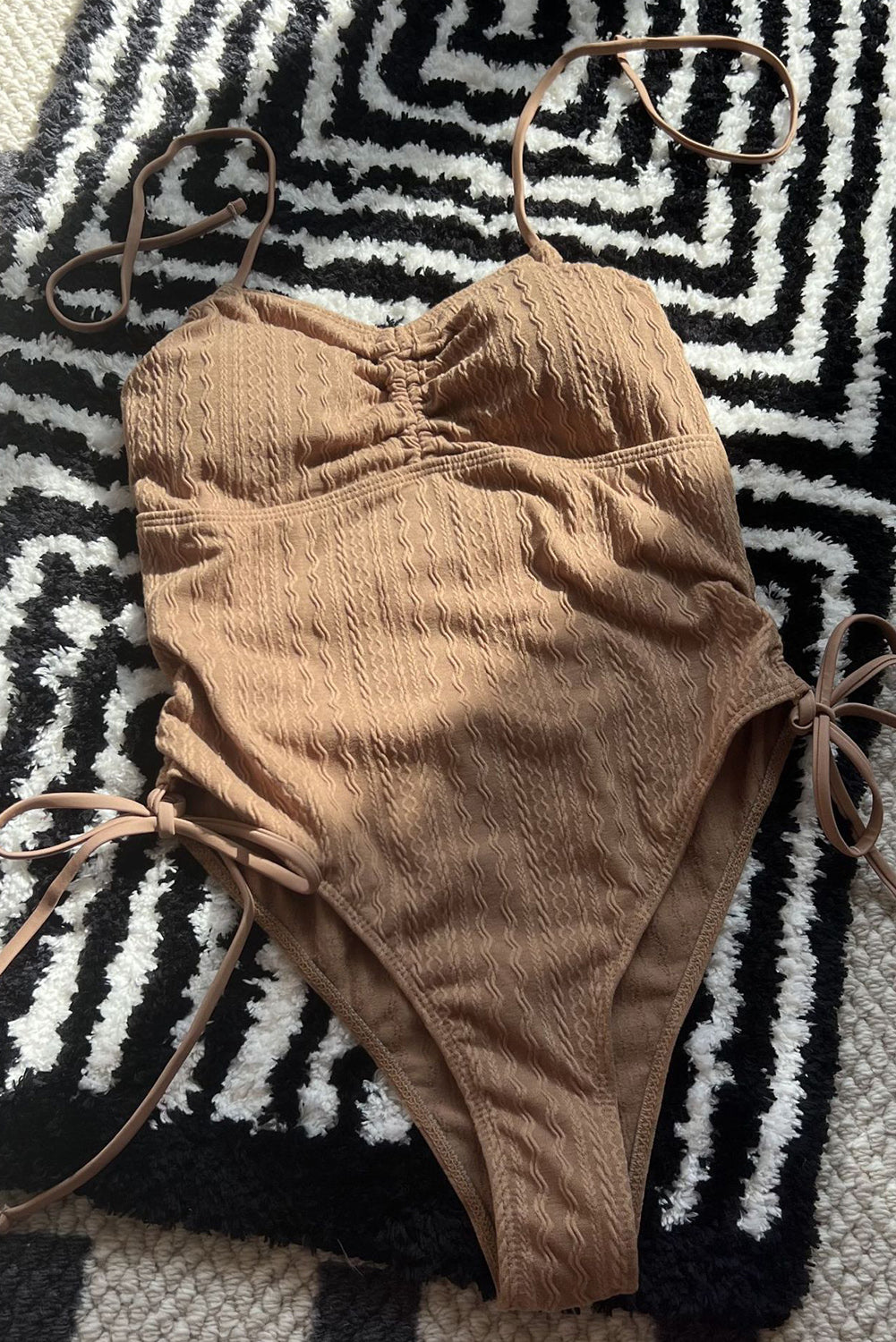 Camel Textured Ruched Bust Drawstring Side One Piece Swimwear