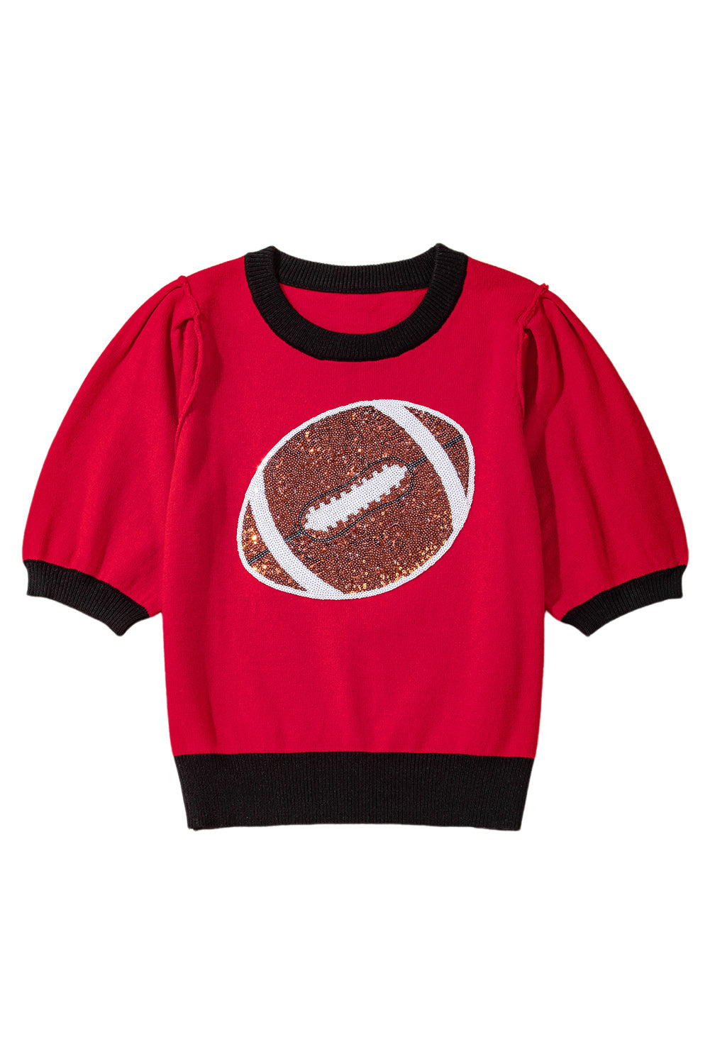 Red Sequin Rugby Color Block Puff Sleeve Knit Top