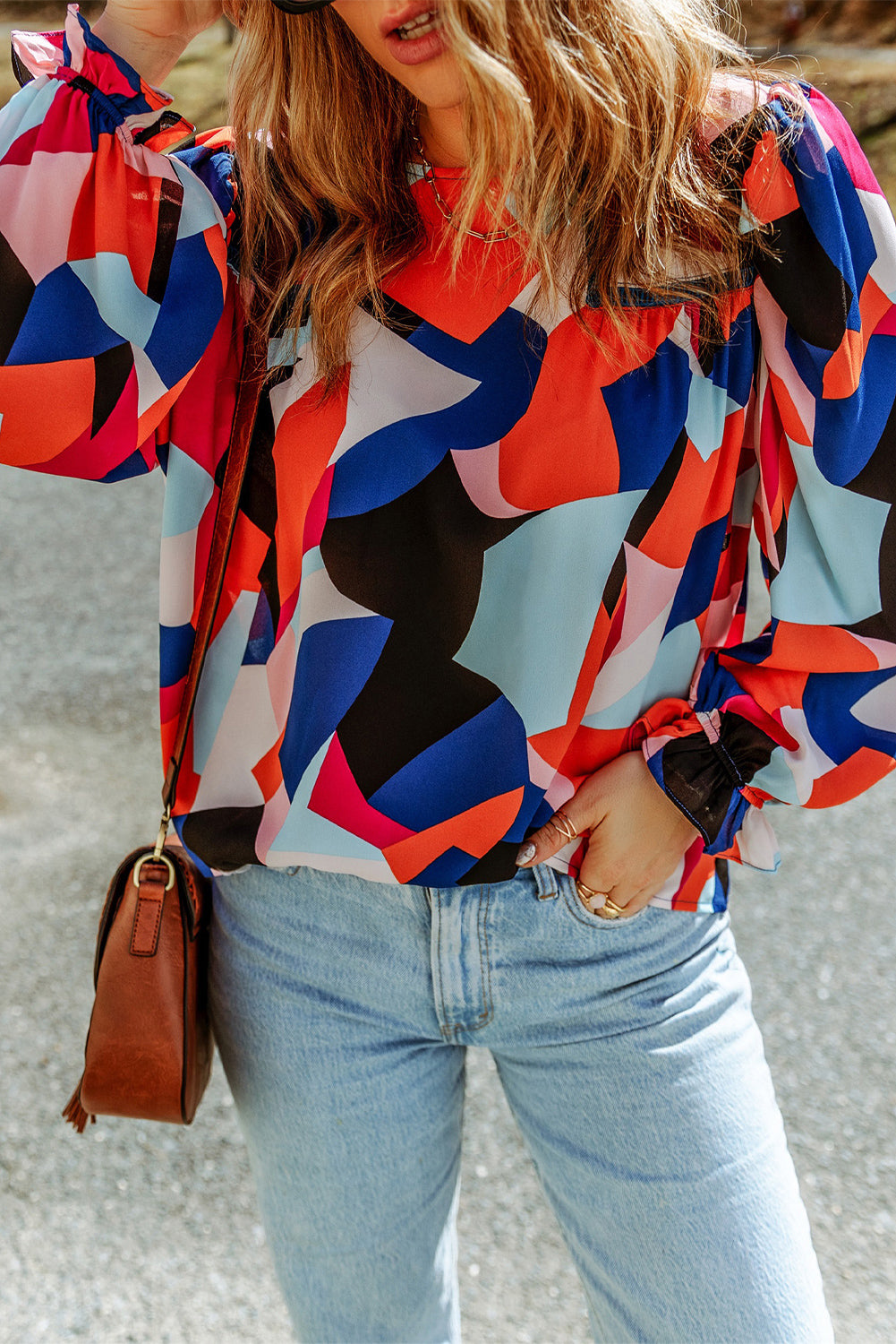 Multicolor Colorblock Casual Ruffle Puff Sleeve Blouse