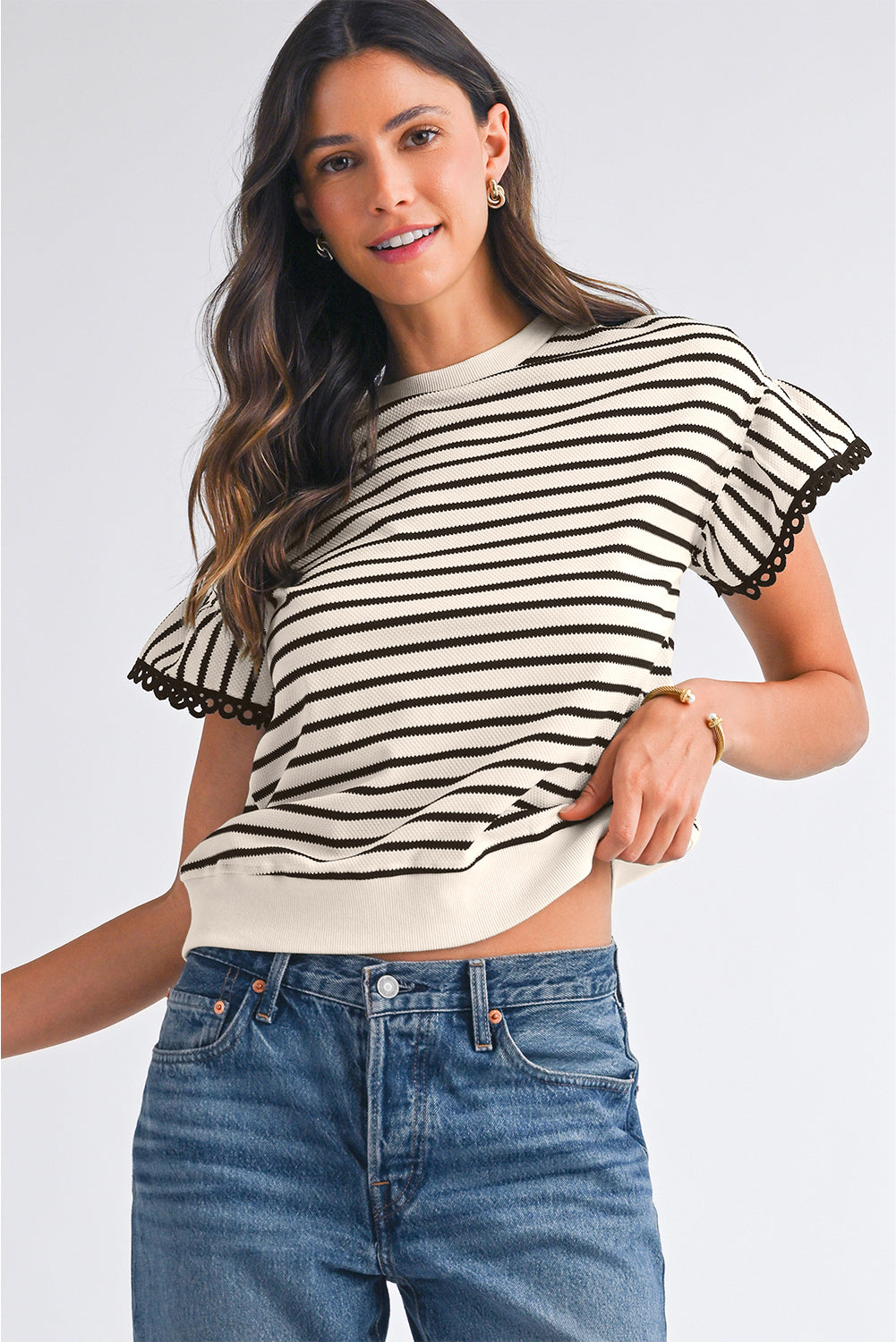 Black Stripe Scallop Lace Trim Ruffle Sleeves Crewneck Top - Kustom Kreations Goods