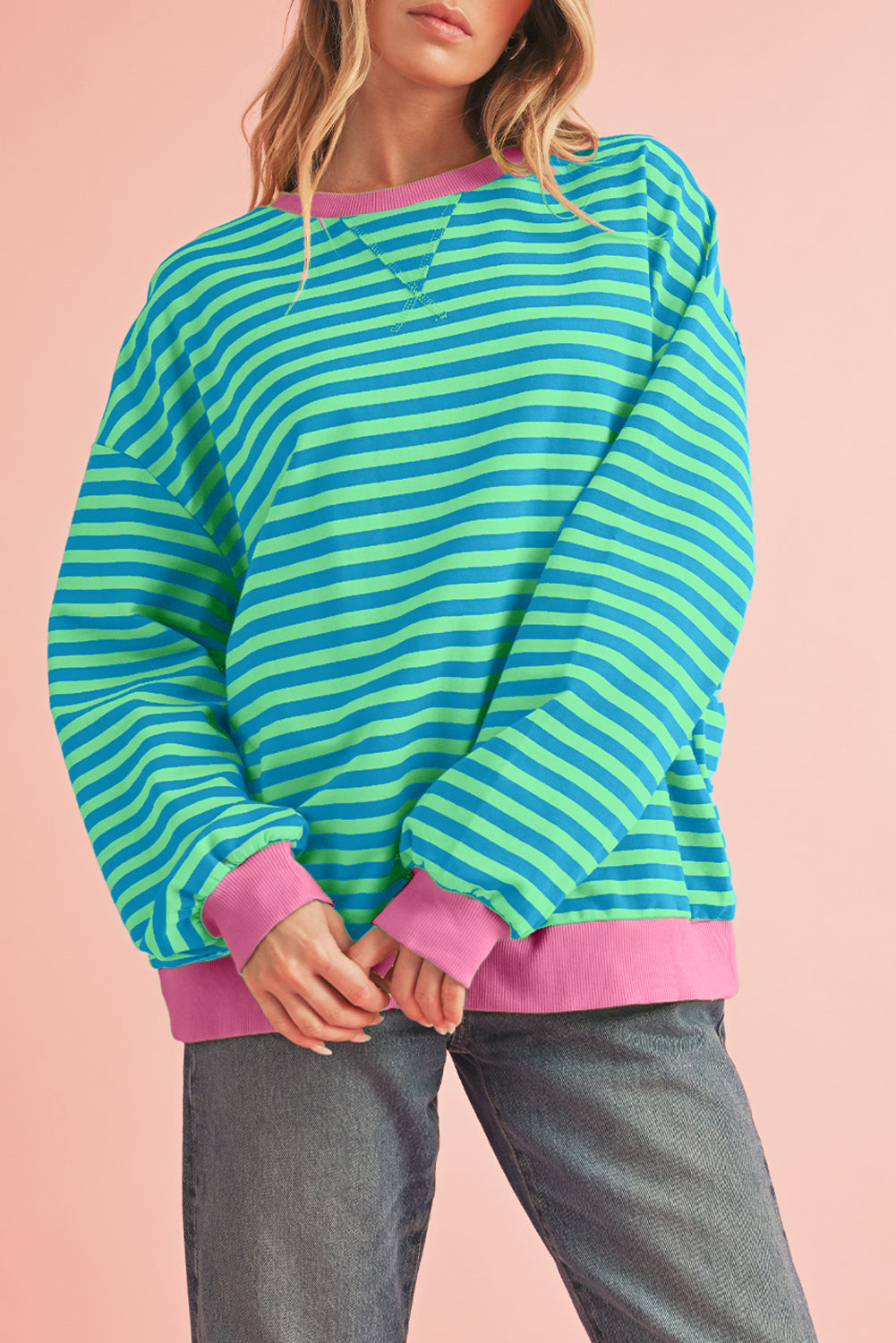 Blue Stripe Contrast Edge Cross Seam Oversized Pullover - Kustom Kreations Goods