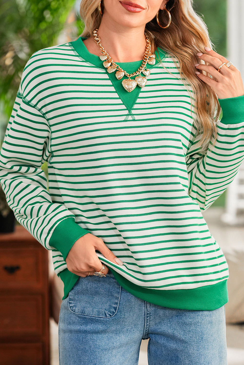 Bright Green Striped Contrast Trim Long Sleeve Top