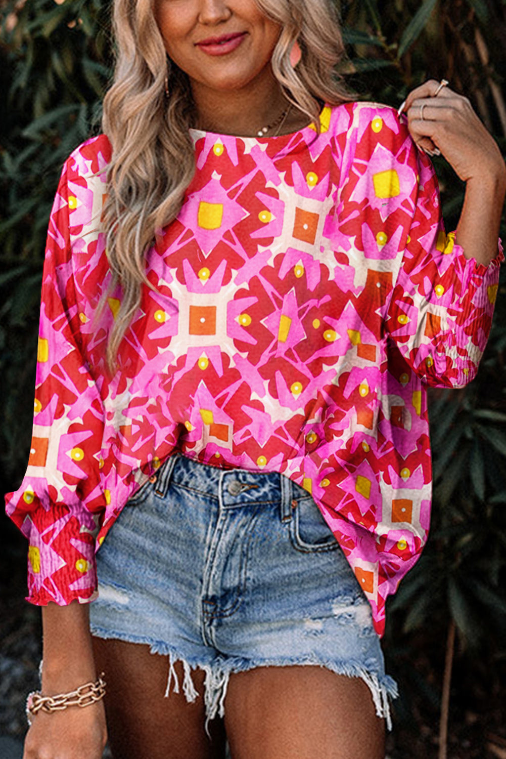 Strawberry Pink Allover Print Shirred Cuff 3/4 Sleeve Loose Blouse