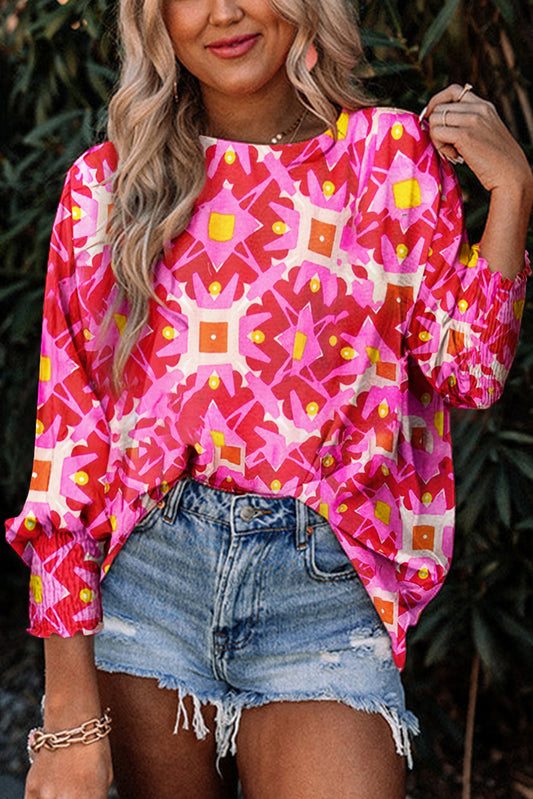 Strawberry Pink Allover Print Shirred Cuff 3/4 Sleeve Loose Blouse