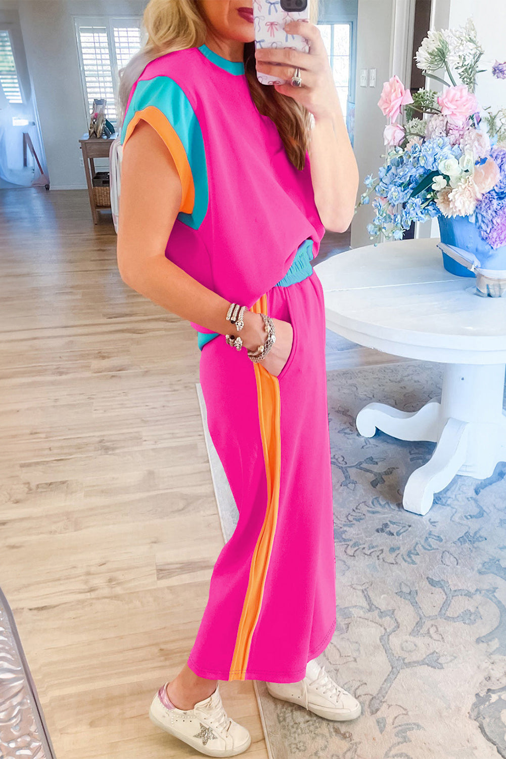Strawberry Pink Colorblock Cap Sleeve Tee and Wide Leg Pants Set